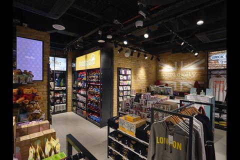 Interior of Curi.o.city store, Gatwick Airport, showing displays of clothing, books and souvenirs